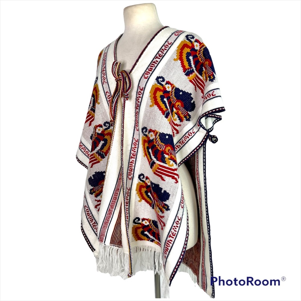 Vintage 70s Circa Cuauhtemoc Aztec Tribal Knit Fringe Poncho Shawl One Size - Picture 1 of 6